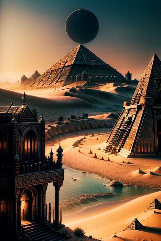 old painting of a desert scene with a pyramid and a river, pyramid ruins,(( sun eclipse)), egyptian landscape, colorful ancient egyptian city, epic fantasy sci fi illustration, 4k highly detailed digital art, detailed matte fantasy painting, ancient city landscape, colorful city in ancient egypt, symmetrical epic fantasy art, egypt themed art, matte painting in fantasy style, fantasy artrealistic painting