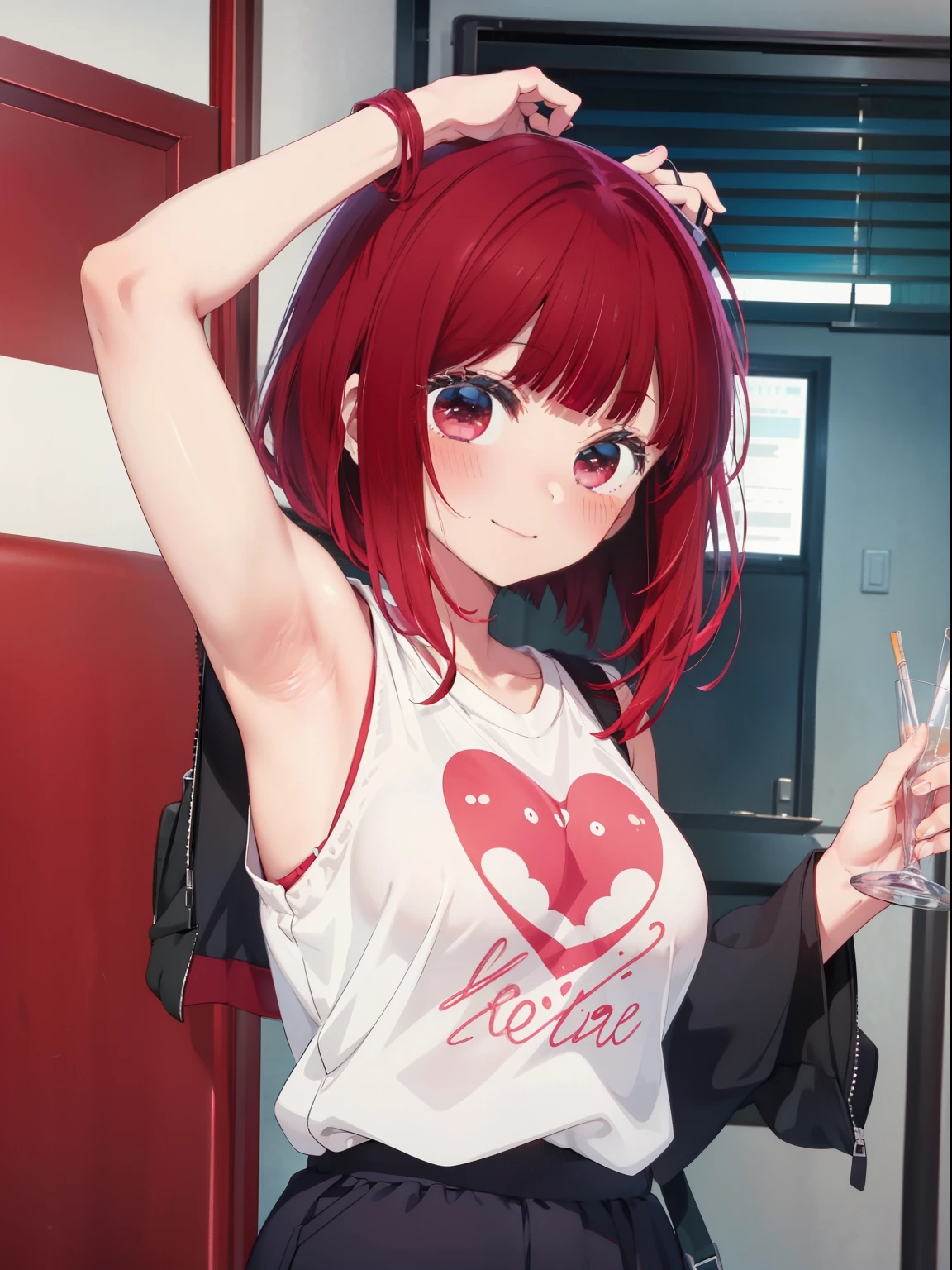 Arima Kana、Good looking girl (Red hair with square bangs、blush, Perfect Face), independent , Looking at the camera, masterpiece, Anime art style, Cute Characters, Most detailed, high quality、Nico Nico Smile、Wear cute clothes、Showing armpits