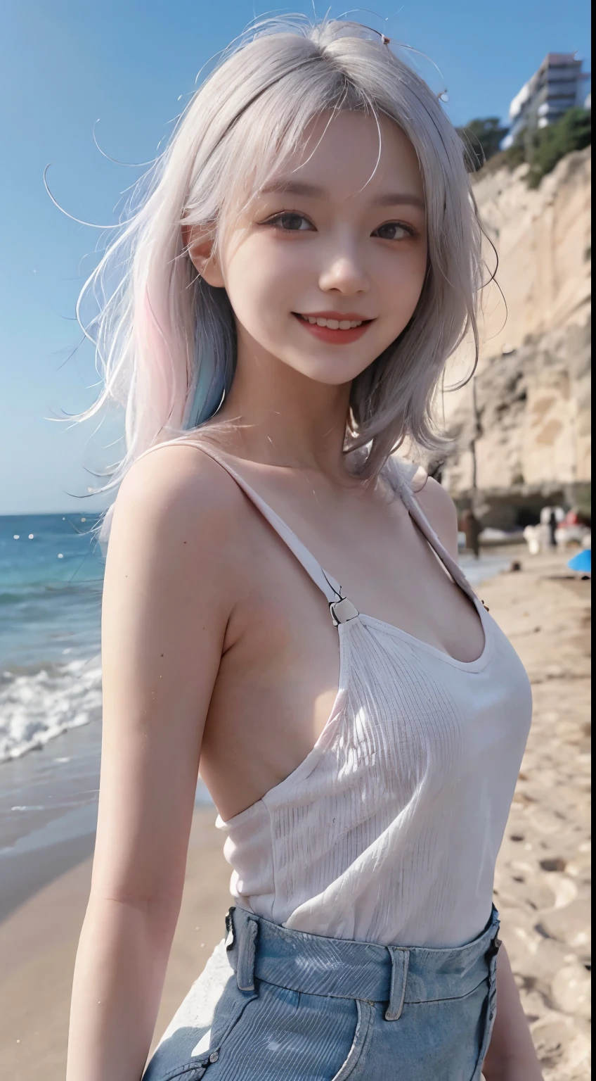 Best image quality、RAW Photos、超A high resolution、21 years old Korean、Small breasts、Dynamic Angle、Cowboy Shot、Chaos in its most beautiful form、elegant、Brutalist Design、Vibrant colors、Beautiful white hair、Short Bob、smile、fun、smile、Glowing White Skin、Beautiful eyes with random colors、Very thin lips、Beautiful eyes in every detail、length, Narrow eyes、Cheeks are pale pink、length eyelashes、Beautiful double eyelids、eye shadow、Bright white hair、Overalls、Sandy Beach、Shooting from the side、Full Body Shot、The wind is blowing