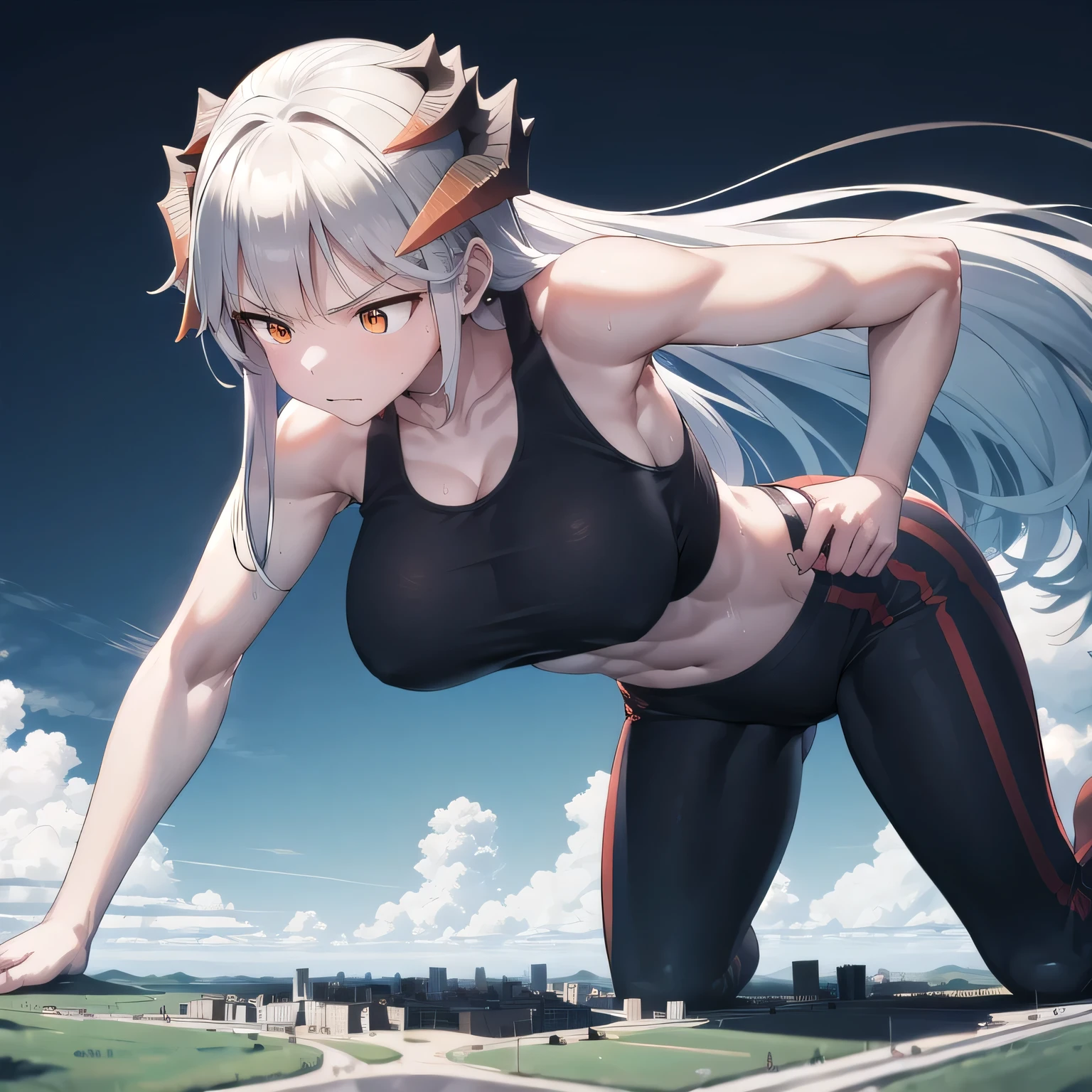 giantess, 1 rapariga, push ups, put your hands on the ground, On all fours, Exercising, character standing on a mountain top next to a city, Super huge high school girl bigger than a city, Trying to crush a miniature metropolis, ((destroyed city)), Wearing white sportswear that shows off her cleavage, Wear black yoga pants underneath, navel, Long legs, Tightens abs, No chest leakage, crash city, tiny city, micro city, skinny pants, gym room, big assa, city, Sweat, Falling sweat, giga giantess, huge craters, ravines, cracks in the ground, earthquak, blue sky, City, Background on the street, (((The Girl Who Crushes the City))), saria_Arknights, White Hair, Orange Eyes, Sweat, Muscular, first-person view, first-person view, anime, best quality, masterpiece, highres