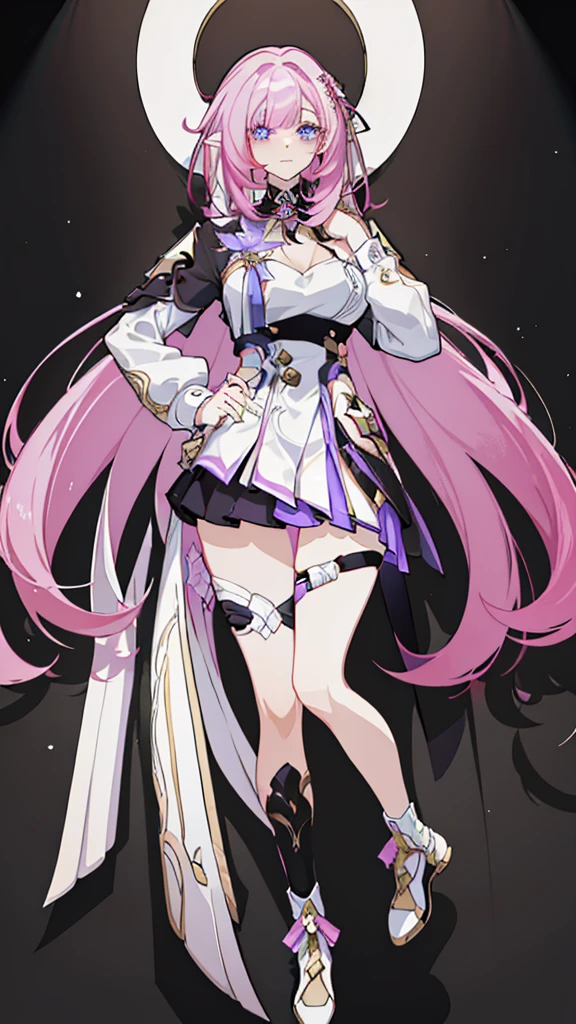 ((Masterpiece)), ((aesthetic)), ((8K)), ((perfect girl)), 1girl, pink hair, long hair, 《Elysia》, 《Honkai Impact 3rd》, slim body, cute face, cute pose, large breasts, wear a tight shirt, white,  wear a tight skirt, black