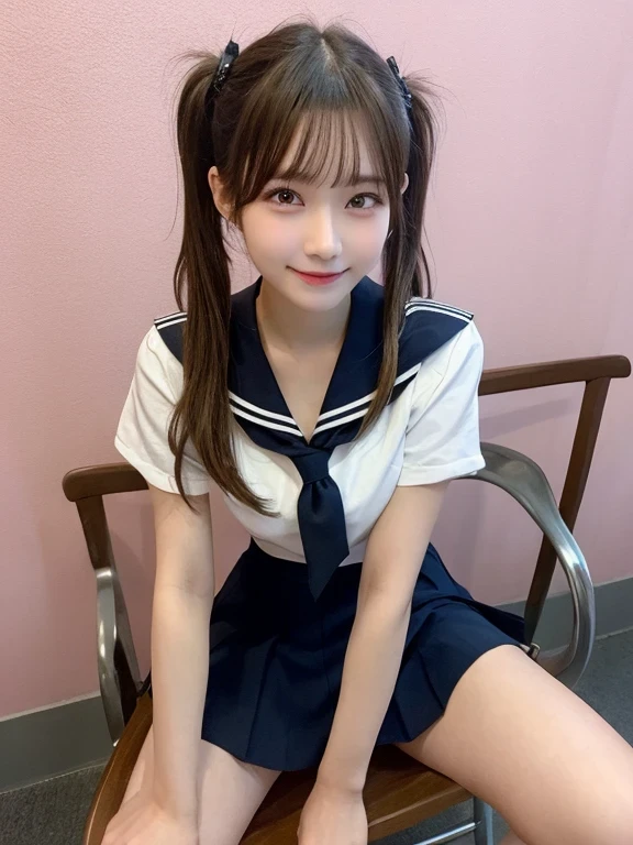 In detail,Full body photo、 High resolution, high quality、Slim body、Perfect dynamic composition, Beautiful fine details, Blonde、Twin tails、Natural color lip,Kamimei、17-year-old girl、2 people、Clear Skin、Sailor suit、Red mini skirt、Thighs、Shiny Hair、最high quality, figure, Very detailed, In detail, High resolution, 8k、The correct state of the human body、Sculpture model pose,Pink wall,Sitting in a chair、Thighs are visible、smile、