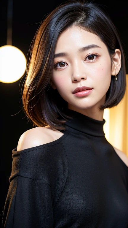 (((Close-up of face)))、(((Absolutely shoulder-length brown straight short bob)))、(((She is posing like a hair salon model, with a black wall indoors as the background.)))、(((Casual black winter long sleeves with shoulders covered)))、Half Japanese, half Korean、18 year old girl、Standing Alone、Looking forward、Light eye makeup、Brown Hair Color、Flat and 、Hair blowing in the wind、Actress Quality、Glossy, ultra-realistic face、Smiling face、Watery eyes、Gazing Up、Subtle lighting effects、 Ultra-Realistic Capture、Very detailed、High resolution 16K close up of human skin。Skin texture must be natural、The details must be such that pores can be clearly seen、The skin is healthy、Uniform tone、Use natural light and colors、A worn-out, high-quality photo taken by a model agency&#39;s in-house photographer.、smile、(((SIGMA 300 mm F/1.4,1/1000 sec shutter,ISO 400))) 