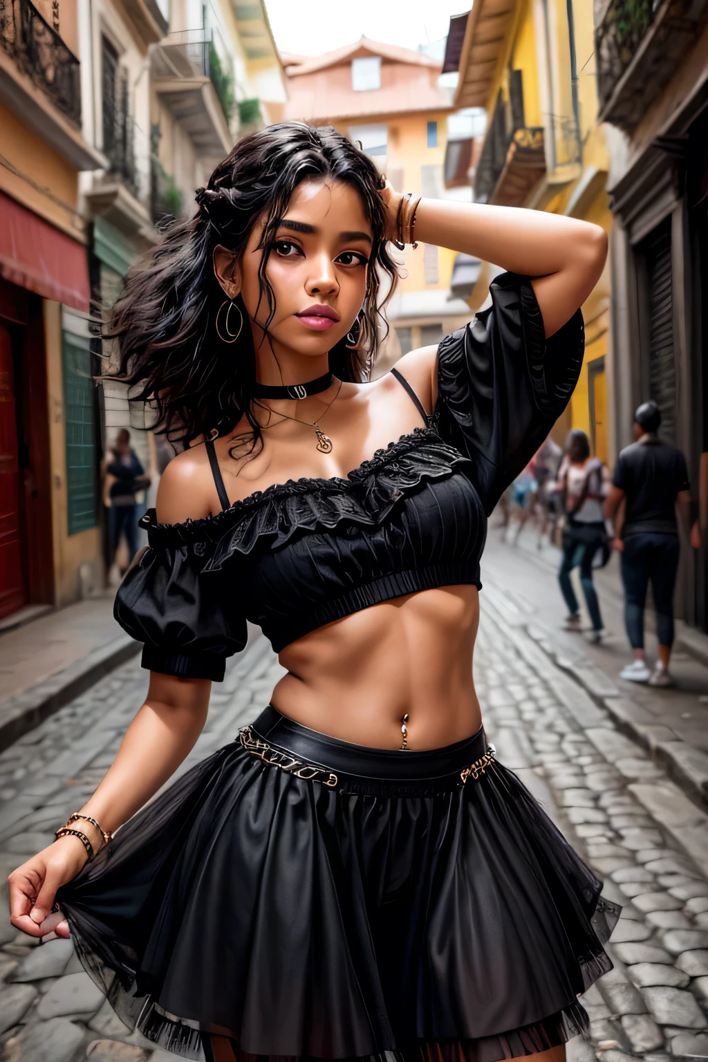 bellissima,1 girl dancing, joia, seios, ((dancing1.4)), Dancing in the street, salto alto, pele escura, pulseira, umbigo, brincos, foco apenas, tornozeleira, dark skinned female, barriga, blurry background, Cabelo longo, colar, blurry, decote, cabelo preto, saia, realista, umbigo piercing