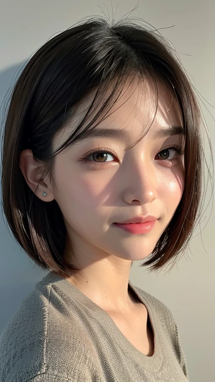 (((Close-up of face)))、(((Absolutely shoulder-length brown straight short bob)))、(((She is posing like a hair salon model, with a black wall indoors as the background.)))、(((Casual black winter long sleeves with shoulders covered)))、Half Japanese, half Korean、18 year old girl、Standing Alone、Looking forward、Light eye makeup、Brown Hair Color、Flat and 、Hair blowing in the wind、Actress Quality、Glossy, ultra-realistic face、Smiling face、Watery eyes、Gazing Up、Subtle lighting effects、 Ultra-Realistic Capture、Very detailed、High resolution 16K close up of human skin。Skin texture must be natural、The details must be such that pores can be clearly seen、The skin is healthy、Uniform tone、Use natural light and colors、A worn-out, high-quality photo taken by a model agency's in-house photographer.、smile、(((SIGMA 300 mm F/1.4,1/1000 sec shutter,ISO 400)))