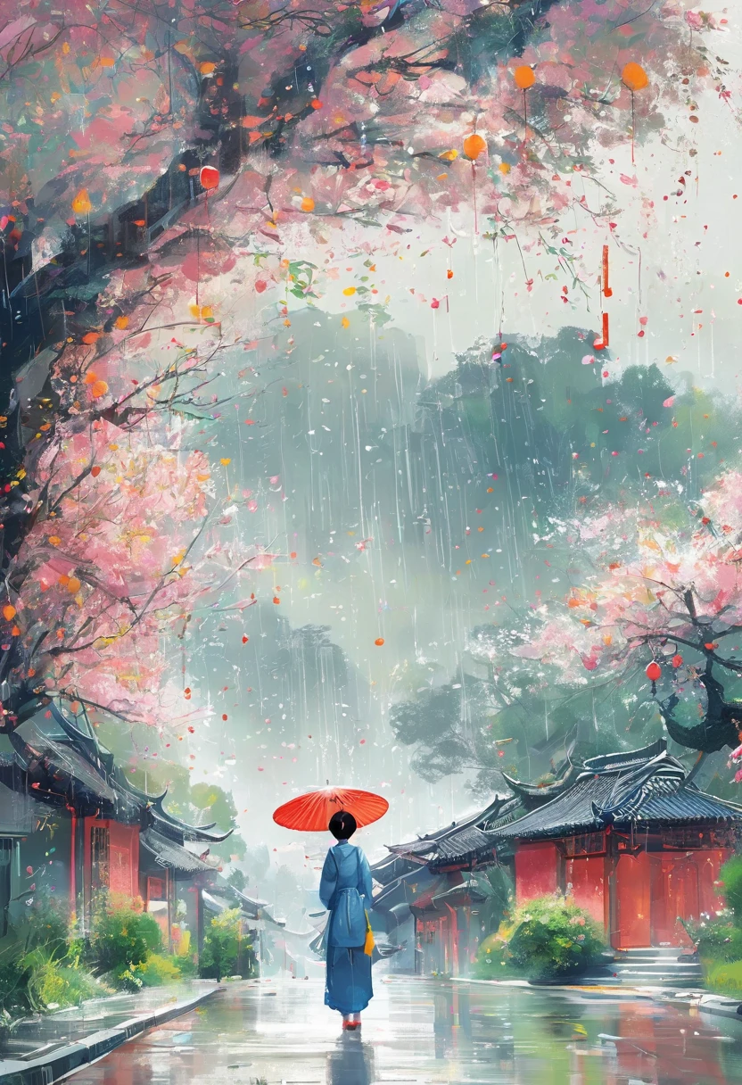 1cgrssh1, 1 Girl, Cai GuoRUN's illustration style, Qingming rainy season, Under the willow tree, in the rain, pointing into the distance, Direction to Heng Fa Chuen, close up, Spring is full of freshness, Rich details, Spring Scene, Flat design, Soft colors, Vivid tones, Chinese traditional elements, Reality, Minimal composition, High Saturation、High contrast, Rich detail in light and shadow, Sharp contrasts and clean lines