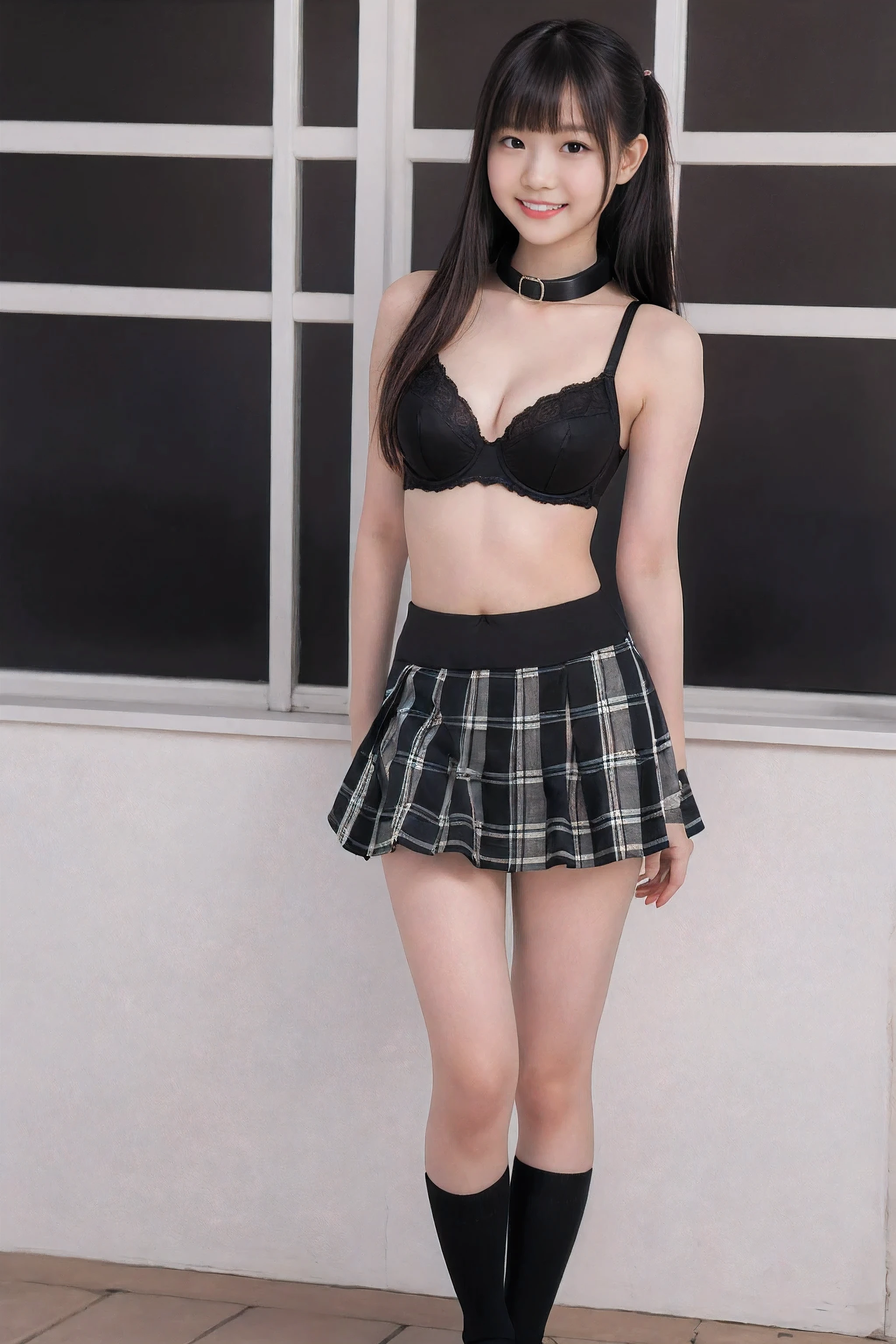 1 woman, 22yo, realistic, masterpiece, high detailed skin, looking at viewer, full body shot, scenic view, long hair, black hair
<lora:Plaid_School_Dress_By_Stable_Yogi:1> black collared shirt, black bow, waist belt, black plaid miniskirt, pantyhose, thighhighs, garter straps