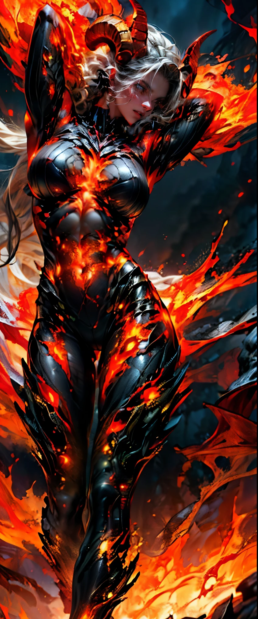 ((masterpiece, highest quality, Highest image quality, High resolution, photorealistic, Raw photo, 8K)), ((Extremely detailed CG unified 8k wallpaper)), (huge stunning goddess shot, very hot and sexy, jaw-dropping beauty, perfect proportions, beautiful body, slim body beauty:1.4), Lava demon, her body is made of lava, her hair is made of burning flames, hot body also burns the air around it, eyes of fire, sheepish curled big horns, burning red in the darkness, burning everything, spewing fury that turns into flames and cloaks the body, sparks of fire dance, flames erupt from the torn body, images of flames in the darkness, red and black theme, angry face, Flame Fiend, staring at the camera, 