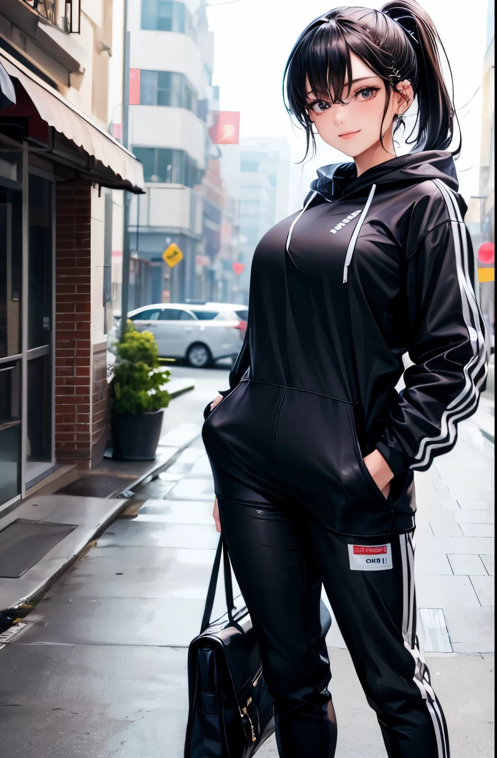 ((best quality)), ((masterpiece)), (detailed), perfect face,(18 years old),(beautiful girl), ponytail,(blackes Braun hair), cute smile (looking at vivers) on a streat road,( full body view),(detailed lips), perfect head ,(detailed face), wers a white hoodi black Stiles short pant that reaches nee, heads in hoodi pocket,(huge breasts),(perfect girl), Korean girl