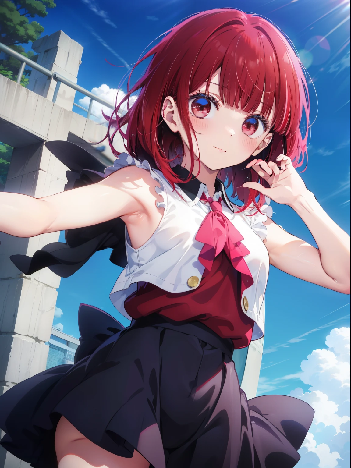 Arima Kana、Good looking girl (Red hair with square bangs、blush, Perfect Face), independent , Looking at the camera, masterpiece, Anime art style, Cute Characters, Most detailed, high quality、Nico Nico Smile、Usually the costume shows the armpits.