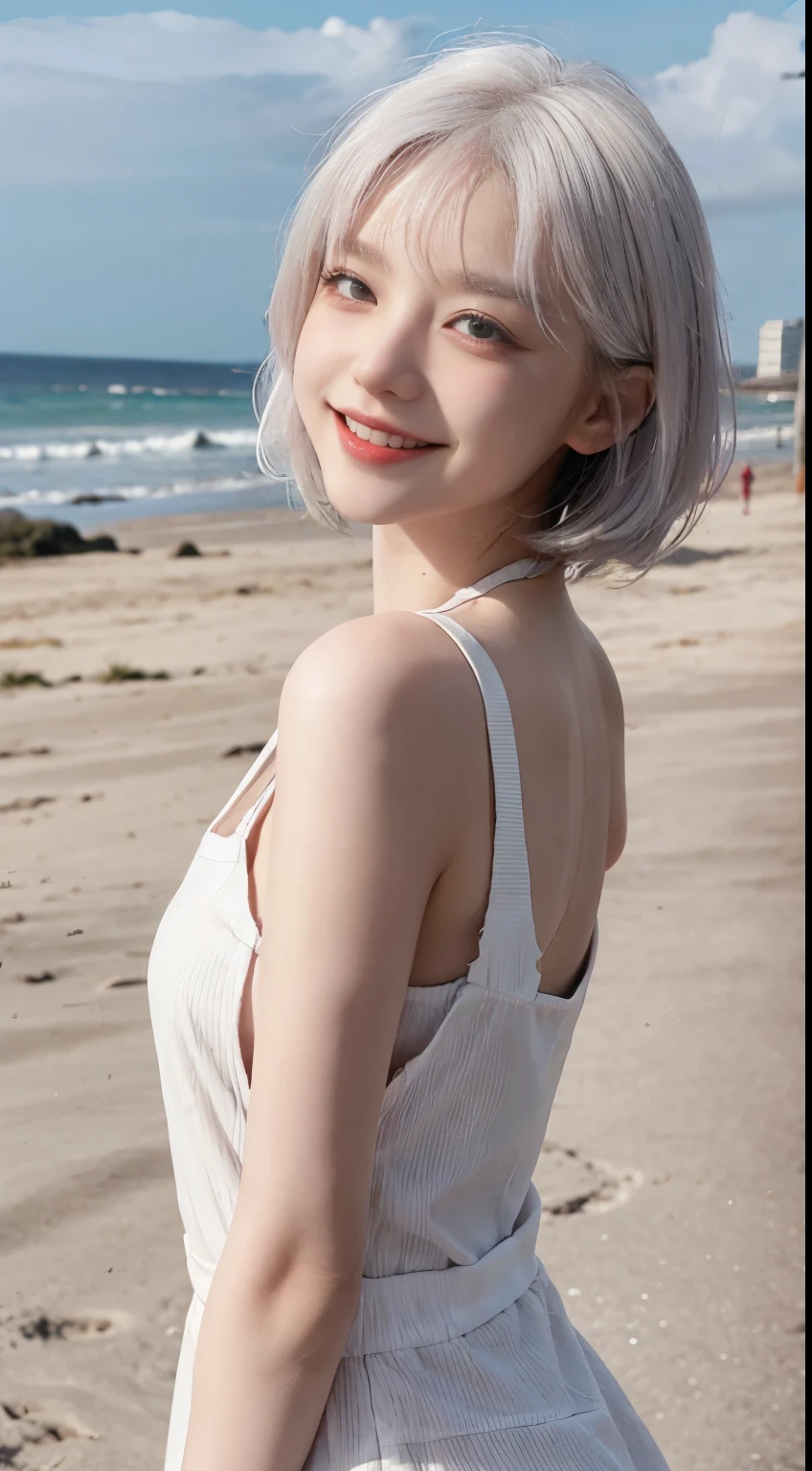 Best image quality、RAW Photos、超A high resolution、21 years old Korean、Small breasts、Dynamic Angle、Cowboy Shot、Chaos in its most beautiful form、elegant、Brutalist Design、Vibrant colors、Beautiful white hair、Short Bob、smile、fun、smile、Glowing White Skin、Beautiful eyes with random colors、Very thin lips、Beautiful eyes in every detail、length, Narrow eyes、Cheeks are pale pink、length eyelashes、Beautiful double eyelids、eye shadow、Bright white hair、Overalls、Sandy Beach、Shooting from the side、Full Body Shot、The wind is blowing