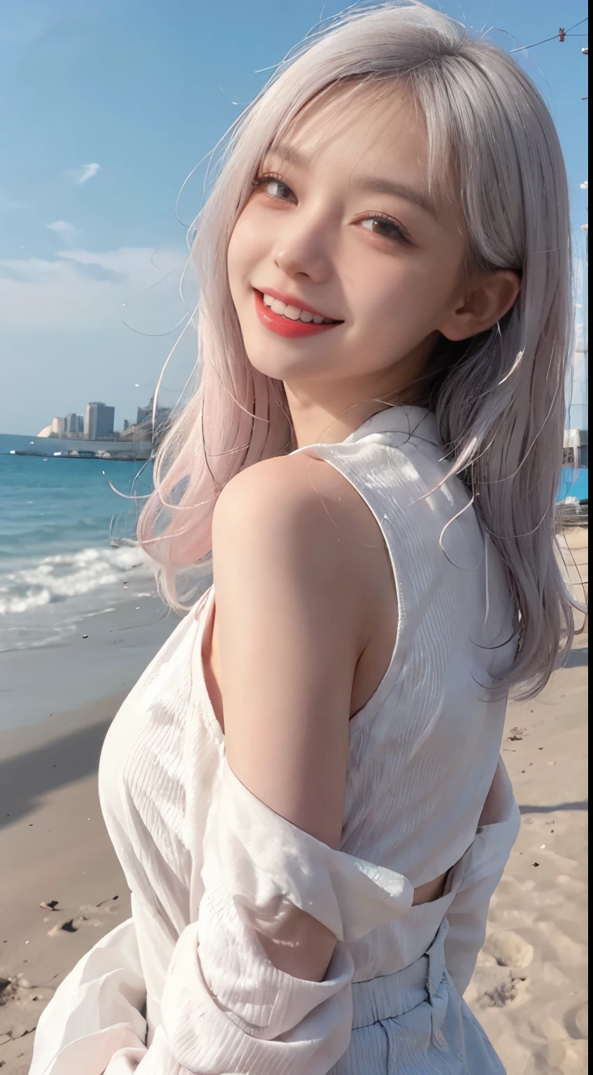 Best image quality、RAW Photos、超A high resolution、21 years old Korean、Small breasts、Dynamic Angle、Cowboy Shot、Chaos in its most beautiful form、elegant、Brutalist Design、Vibrant colors、Beautiful white hair、Short Bob、smile、fun、smile、Glowing White Skin、Beautiful eyes with random colors、Very thin lips、Beautiful eyes in every detail、length, Narrow eyes、Cheeks are pale pink、length eyelashes、Beautiful double eyelids、eye shadow、Bright white hair、Overalls、Sandy Beach、Shooting from the side、Full Body Shot、The wind is blowing