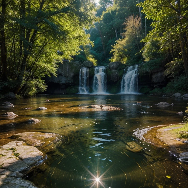 View the lush forest from above, Be enchanted by the clear, sparkling waters of the river with its calm, steady flow..
Sunlight pours onto the water, Reflects an intense, brilliant glow. The sunlight dances on the water, Create a dazzling and mesmerizing light show. Every time the river flows, The glow seems to double, As if thousands of diamonds were scattered in the water.
The reflection of the surrounding plants harmonizes with the brightness., Create a vibrant and radiant color palette. It is a sight of pure beauty and tranquility., The river and its shining lights become the focal point of the scene..
Looking at the river, Feeling amazement and serenity, The magic of the sparkling water will envelop your senses. Good lighting