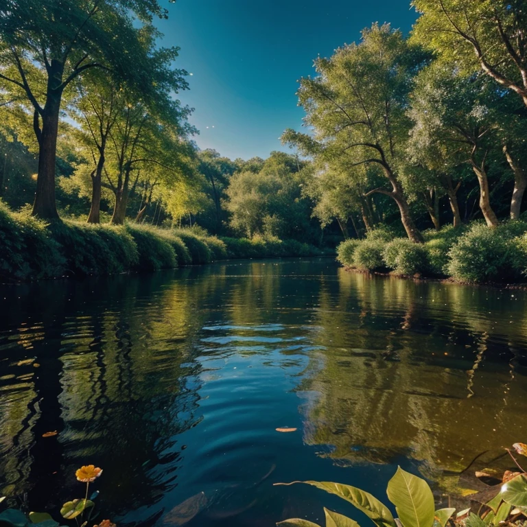 View the lush forest from above, Be enchanted by the clear, sparkling waters of the river with its calm, steady flow..
Sunlight pours onto the water, Reflects an intense, brilliant glow. The sunlight dances on the water, Create a dazzling and mesmerizing light show. Every time the river flows, The glow seems to double, As if thousands of diamonds were scattered in the water.
The reflection of the surrounding plants harmonizes with the brightness., Create a vibrant and radiant color palette. It is a sight of pure beauty and tranquility., The river and its shining lights become the focal point of the scene..
Looking at the river, Feeling amazement and serenity, The magic of the sparkling water will envelop your senses. Good lighting