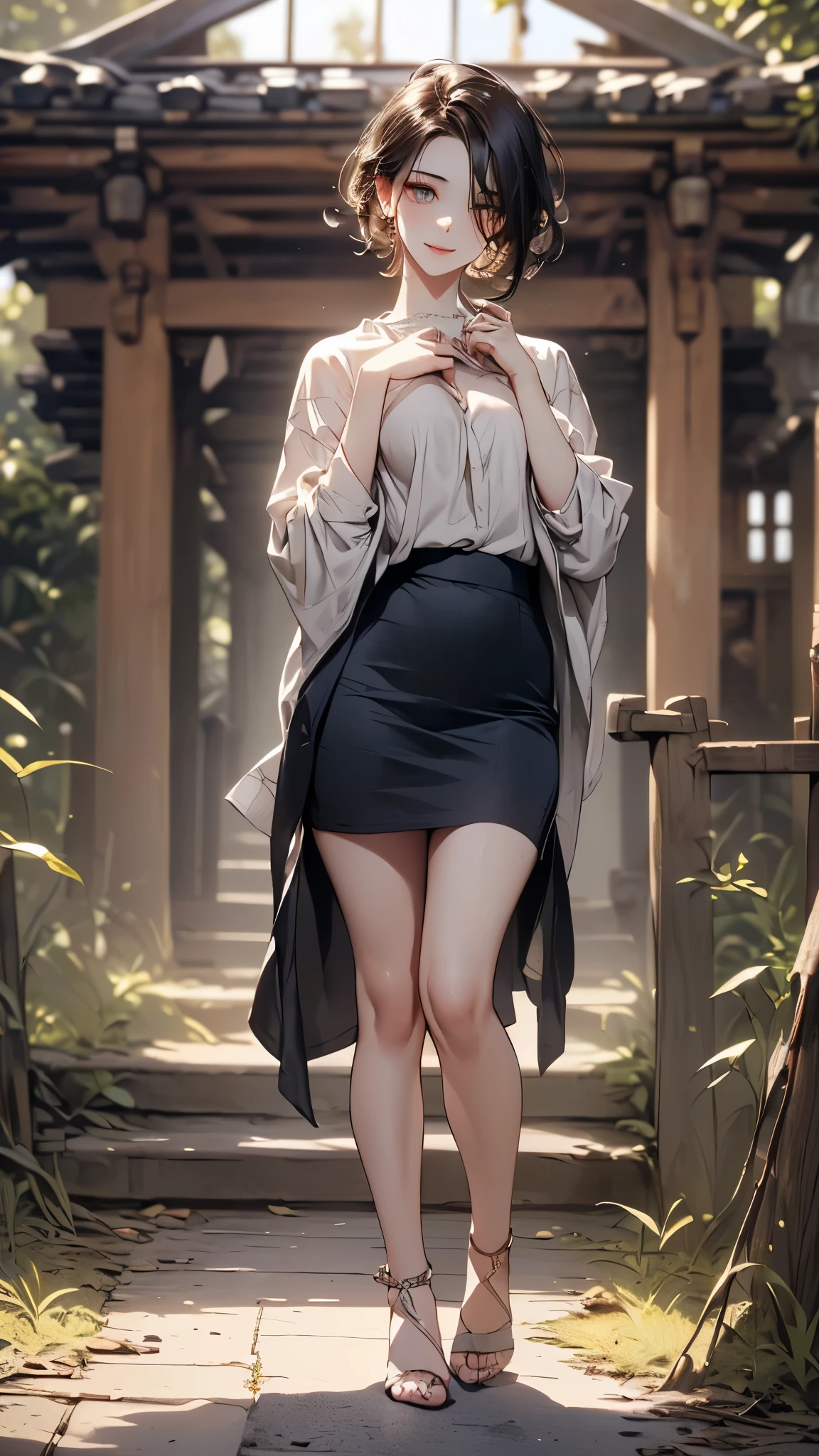 ((Biologically correct limb count))、((Full Body Shot, Full-body photo including face))、4K、masterpiece、((Focus on the face))、((Symmetrical facial features))、Eyes of meticulous depiction、Beautiful woman、Excellent style、Beautiful feet、(High heels）、Facial detailing、((shirt)、skirt）、Abandoned Japanese Village Background、A happy look