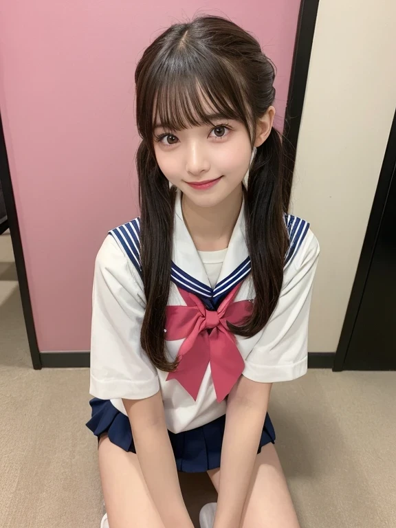 In detail,Full body photo、 Two high school girls、High resolution, high quality、Slim body、Perfect dynamic composition, Beautiful fine details, Blonde、Twin tails、Natural color lip,Kamimei、17-year-old girl、Clear Skin、Sailor suit、Red mini skirt、Thighs、Shiny Hair、最high quality, figure, Very detailed, In detail, High resolution, 8k、The correct state of the human body、Sculpture model pose，Pink wall,Sitting in a chair、Thighs are visible、smile、