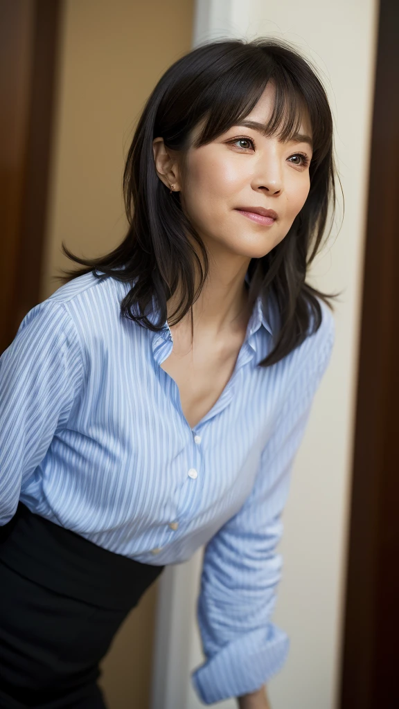 1 beautiful woman, high resolution, wallpaper 8K screen, top quality, realistic, super detailed, exquisite and perfect dynamic composition, (48 years old), (realistic skin texture), (overall skin fine lines: 1.3) , (dull skin: 1.1), (skin without moisture: 1.2), (wrinkles on the face: 0.9), (wrinkles at the corners of the eyes: 1.2), double eyelids, tear bags in the lower eyelids, eyes facing away, Serious expression, straight gaze, (dimples: 1.2), sharpness, dense and beautiful eyes, short hairstyle, thin hair, smile, short bangs, long hair, thin blouse with a wide neckline, flat chest, close to the waist Fitted flare pants, (portrait focusing on upper body), (angle from leg: 1.5),