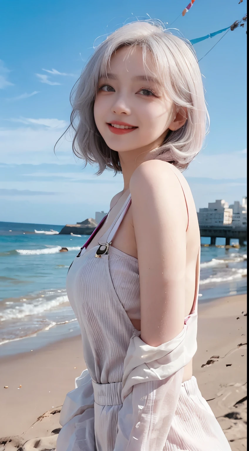 Best image quality、RAW Photos、超A high resolution、21 years old Korean、Small breasts、Dynamic Angle、Cowboy Shot、Chaos in its most beautiful form、elegant、Brutalist Design、Vibrant colors、Beautiful white hair、Short Bob、smile、fun、smile、Glowing White Skin、Beautiful eyes with random colors、Very thin lips、Beautiful eyes in every detail、length, Narrow eyes、Cheeks are pale pink、length eyelashes、Beautiful double eyelids、eye shadow、Bright white hair、Overalls、Sandy Beach、Shooting from the side、Full Body Shot、The wind is blowing