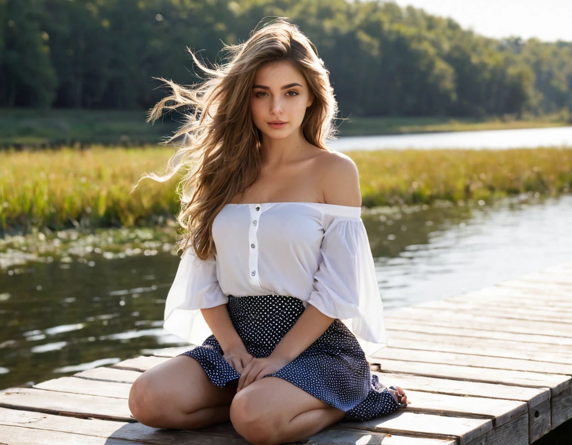 (masterpiece, Best quality, highly detailed image:1.2), beautiful woman sitting on a pier near the water, Very beautiful woman, white loose shirt unbuttoned at the chest, Beautiful female breasts, Very deep neckline, white polka dot skirt, Beautiful legs, Two legs, correct details, anatomically, realistically, loose hair, Brown hair, long hair, the wind blows your hair, bare shoulders, the shirt slipped off my shoulders, bare shoulders, beautiful hands, Sitting on a wooden pier, photo by Alexey Gurilev, Beautiful model, sitting by the pond, beautiful image, Ukrainian girl, gorgeous lady, High detail, a lot of details, Beautiful face, detailed face, daylight, solar lighting, soft natural light, natural light, complex parts