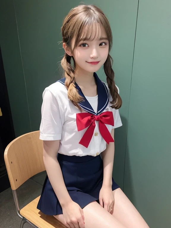 In detail,Full body photo、 Two high school girls、High resolution, high quality、Slim body、Perfect dynamic composition, Beautiful fine details, Blonde、Twin tails、Natural color lip,Kamimei、、Clear Skin、Sailor suit、Red mini skirt、Thighs、Shiny Hair、最high quality, figure, Very detailed, In detail, High resolution, 8k、The correct state of the human body、Sculpture model pose,Pink wall,Sitting in a chair、Thighs are visible、smile、