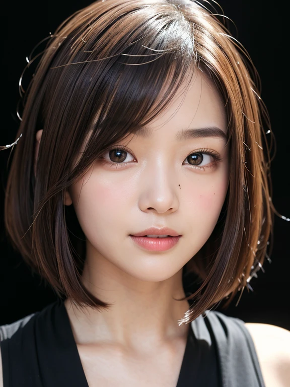 (((Close-up of face)))、(((Absolutely shoulder-length brown straight short bob)))、(((She is posing like a hair salon model, with a black wall indoors as the background.)))、(((Casual black winter long sleeves with shoulders covered)))、Half Japanese, half Korean、18 year old girl、Standing Alone、Looking forward、Light eye makeup、Brown Hair Color、Flat and 、Hair blowing in the wind、Actress Quality、Glossy, ultra-realistic face、Smiling face、Watery eyes、Gazing Up、Subtle lighting effects、 Ultra-Realistic Capture、Very detailed、High resolution 16K close up of human skin。Skin texture must be natural、The details must be such that pores can be clearly seen、The skin is healthy、Uniform tone、Use natural light and colors、A worn-out, high-quality photo taken by a model agency's in-house photographer.、smile、(((SIGMA 300 mm F/1.4,1/1000 sec shutter,ISO 400)))