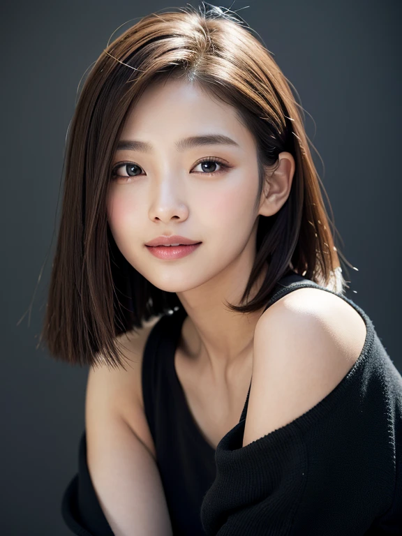 (((Close-up of face)))、(((Absolutely shoulder-length brown straight short bob)))、(((She is posing like a hair salon model, with a black wall indoors as the background.)))、(((Casual black winter long sleeves with shoulders covered)))、Half Japanese, half Korean、18 year old girl、Standing Alone、Looking forward、Light eye makeup、Brown Hair Color、Flat and 、Hair blowing in the wind、Actress Quality、Glossy, ultra-realistic face、Smiling face、Watery eyes、Gazing Up、Subtle lighting effects、 Ultra-Realistic Capture、Very detailed、High resolution 16K close up of human skin。Skin texture must be natural、The details must be such that pores can be clearly seen、The skin is healthy、Uniform tone、Use natural light and colors、A worn-out, high-quality photo taken by a model agency&#39;s in-house photographer.、smile、(((SIGMA 300 mm F/1.4,1/1000 sec shutter,ISO 400))) 