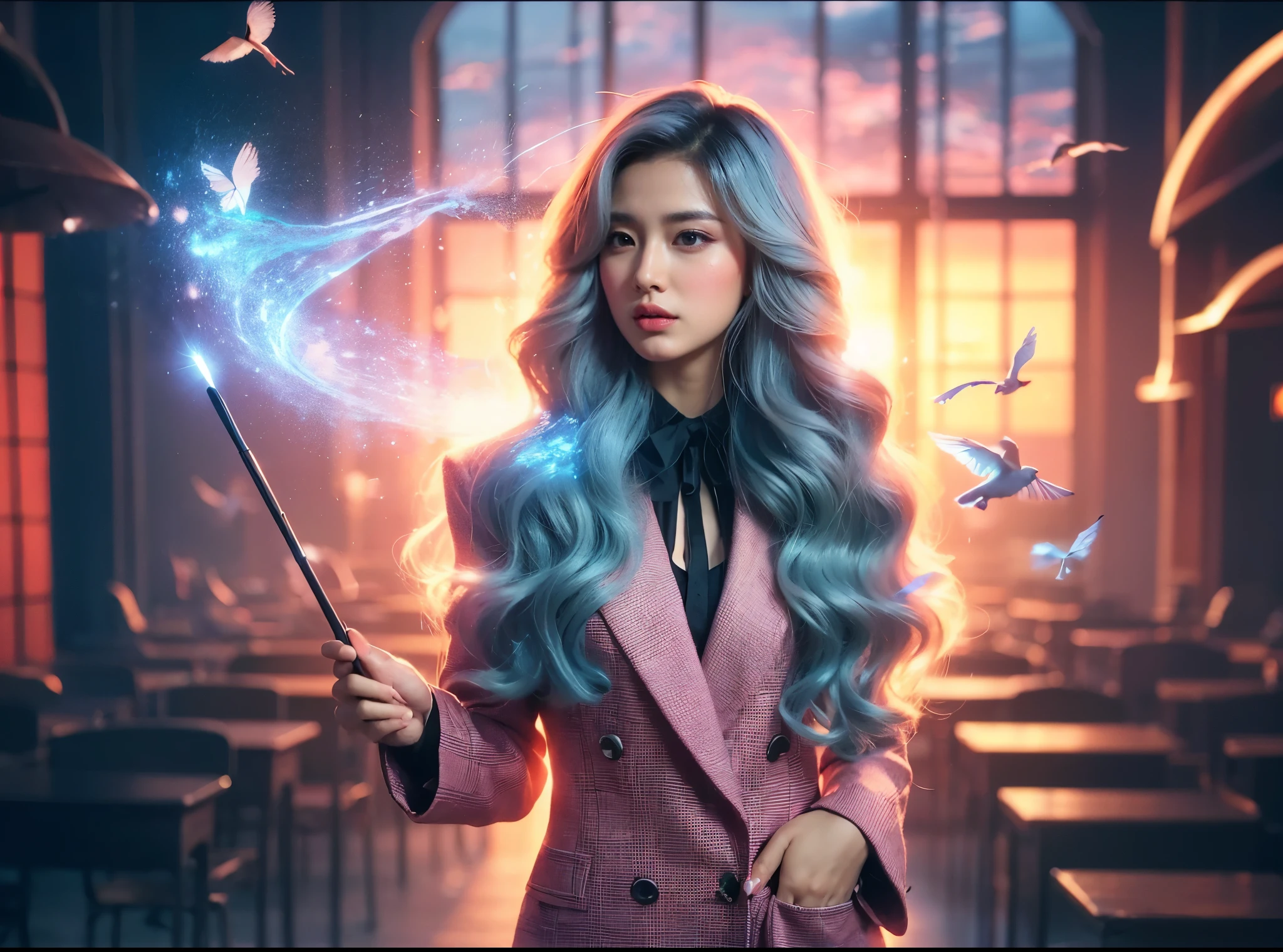 photography professional, masterpiece, featuring 2 models, ultra realistic, full body, depicting confident and charming 20-year-old Malay women in modern trendy attire, with long wavy flowing cyan hair, perfecr fingers hands, and a confident and charming 20-year-old Malay man with short cyan hair, holding a book, posing stand up, background a beautiful mountain, birds flying around, dramatic lighting, sunset, resembling a photo from Sony 7000D
