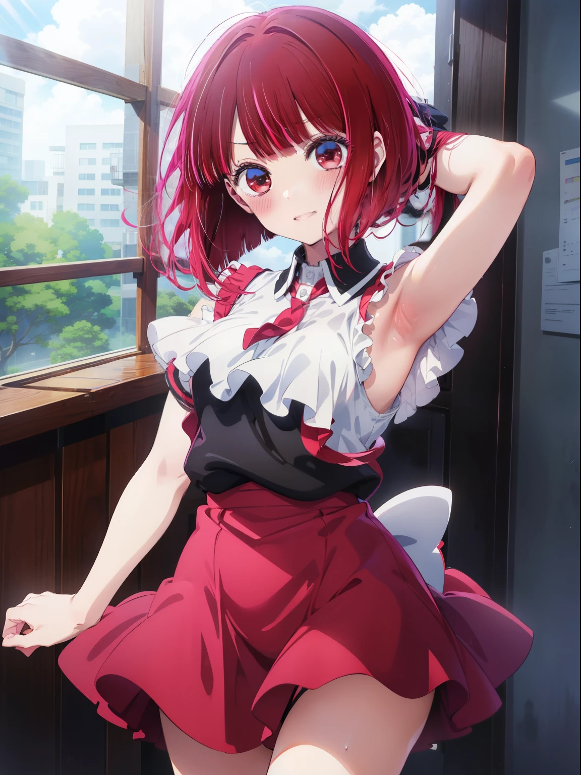 Arima Kana、Good looking girl (Red hair with square bangs、blush, Perfect Face), independent , Looking at the camera, masterpiece, Anime art style, Cute Characters, Most detailed, high quality、Nico Nico Smile、Usually the costume shows the armpits.