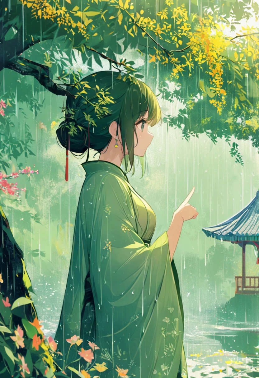 1cgrssh1, 1 Girl, Cai GuoRUN's illustration style, Qingming rainy season, Under the willow tree, in the rain, pointing into the distance, Direction to Heng Fa Chuen, close up, Spring is full of freshness, Rich details, Spring Scene, Flat design, Soft colors, Vivid tones, Chinese traditional elements, Reality, Minimal composition, High Saturation、High contrast, Rich detail in light and shadow, Sharp contrasts and clean lines