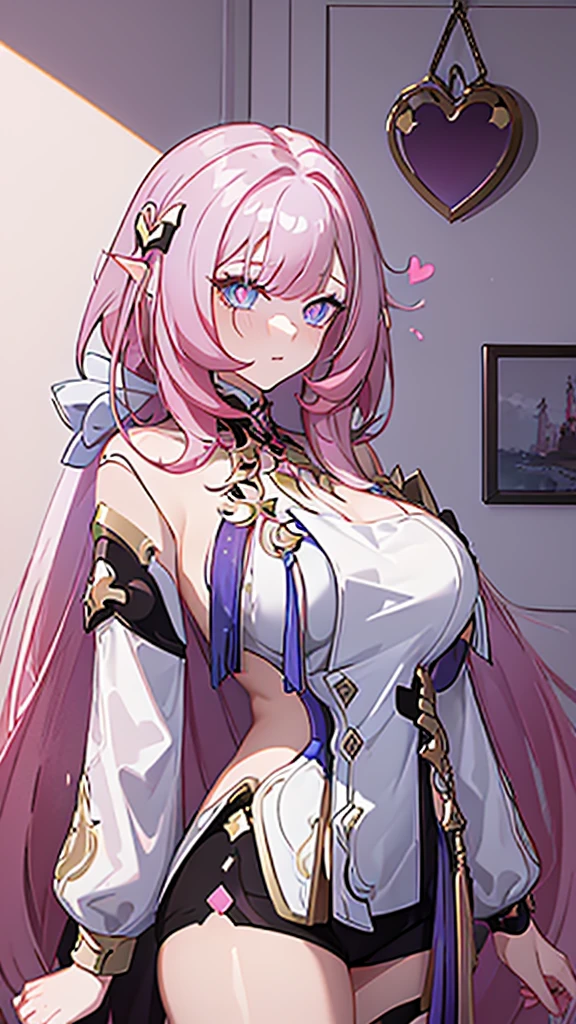((Masterpiece)), ((aesthetic)), ((8K)), ((perfect girl)), 1girl, pink hair, long hair, 《Elysia》, 《Honkai Impact 3rd》, slim body, cute face, ((heart-shaped pupils on her eyes)), cute pose, large , wear a tight shirt, white,  wear a tight skirt, black