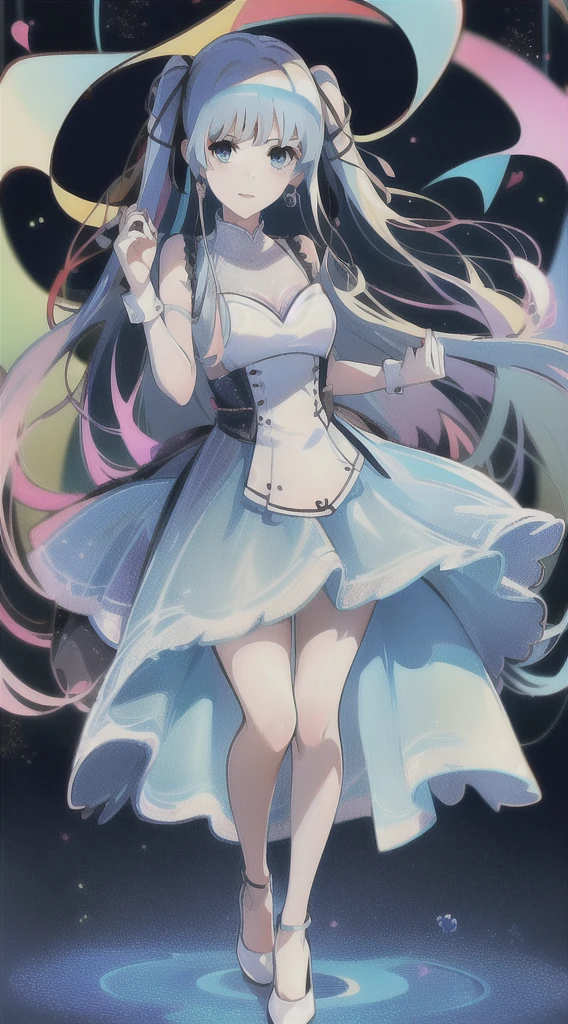 1 woman, magical girl, Blue hair, rainbow pupils, delicate face, cute, love earrings, raimbow dress, standing in front a glass monument