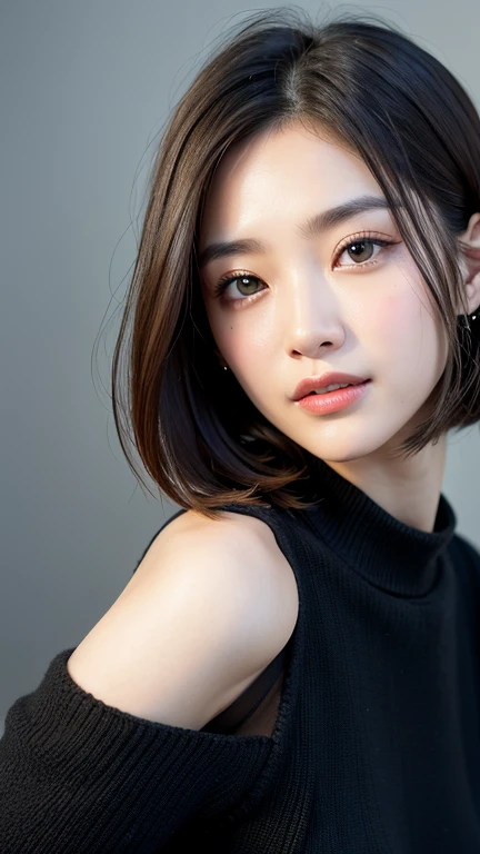 (((Close-up of face)))、(((Absolutely shoulder-length brown straight short bob)))、(((She is posing like a hair salon model, with a black wall indoors as the background.)))、(((Casual black winter long sleeves with shoulders covered)))、Half Japanese, half Korean、18 year old girl、Standing Alone、Looking forward、Light eye makeup、Brown Hair Color、Flat and 、Hair blowing in the wind、Actress Quality、Glossy, ultra-realistic face、Smiling face、Watery eyes、Gazing Up、Subtle lighting effects、 Ultra-Realistic Capture、Very detailed、High resolution 16K close up of human skin。Skin texture must be natural、The details must be such that pores can be clearly seen、The skin is healthy、Uniform tone、Use natural light and colors、A worn-out, high-quality photo taken by a model agency's in-house photographer.、smile、(((SIGMA 300 mm F/1.4,1/1000 sec shutter,ISO 400)))