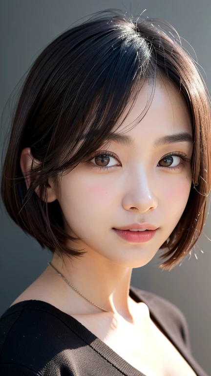 (((Close-up of face)))、(((Absolutely shoulder-length brown straight short bob)))、(((She is posing like a hair salon model, with a black wall indoors as the background.)))、(((Casual black winter long sleeves with shoulders covered)))、Half Japanese, half Korean、18 year old girl、Standing Alone、Looking forward、Light eye makeup、Brown Hair Color、Flat and 、Hair blowing in the wind、Actress Quality、Glossy, ultra-realistic face、Smiling face、Watery eyes、Gazing Up、Subtle lighting effects、 Ultra-Realistic Capture、Very detailed、High resolution 16K close up of human skin。Skin texture must be natural、The details must be such that pores can be clearly seen、The skin is healthy、Uniform tone、Use natural light and colors、A worn-out, high-quality photo taken by a model agency's in-house photographer.、smile、(((SIGMA 300 mm F/1.4,1/1000 sec shutter,ISO 400)))