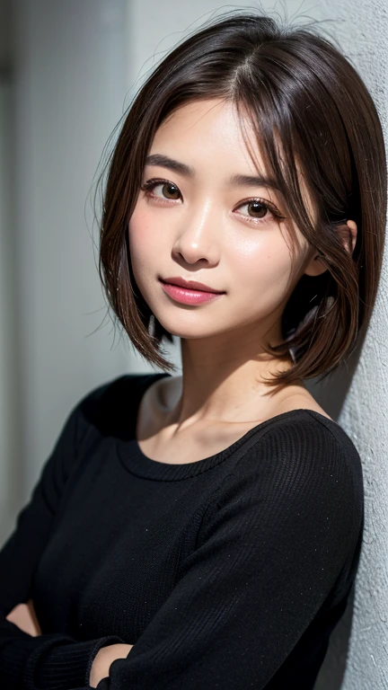 (((Close-up of face)))、(((Absolutely shoulder-length brown straight short bob)))、(((She is posing like a hair salon model, with a black wall indoors as the background.)))、(((Casual black winter long sleeves with shoulders covered)))、Half Japanese, half Korean、18 year old girl、Standing Alone、Looking forward、Light eye makeup、Brown Hair Color、Flat and 、Hair blowing in the wind、Actress Quality、Glossy, ultra-realistic face、Smiling face、Watery eyes、Gazing Up、Subtle lighting effects、 Ultra-Realistic Capture、Very detailed、High resolution 16K close up of human skin。Skin texture must be natural、The details must be such that pores can be clearly seen、The skin is healthy、Uniform tone、Use natural light and colors、A worn-out, high-quality photo taken by a model agency's in-house photographer.、smile、(((SIGMA 300 mm F/1.4,1/1000 sec shutter,ISO 400)))