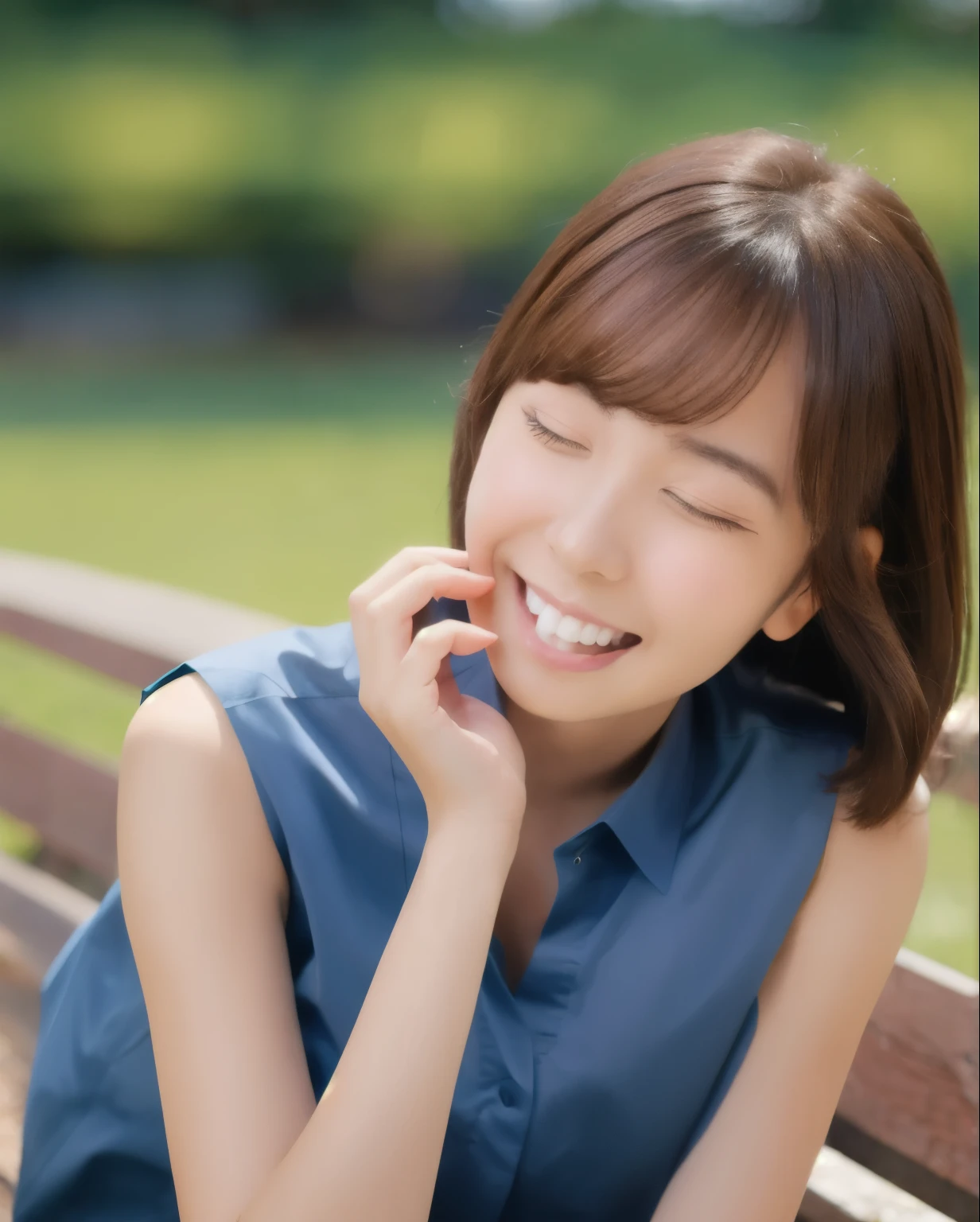 highest quality, Realistic, 8k, High resolution, Full Color, One girl, woman, woman, (Mouth closed:1.73), (Skin dents), (Portraiture:0.6), wood, Park bench, Dawn, ((Park Background:1.52)), Full Color, ((Sleeveless blue shirt:1.58)), View your viewers:1.8, (One girl eyes View your viewers:1.55), (Medium Hair, Brown Hair, Parted hair:1.45), (Bokeh),