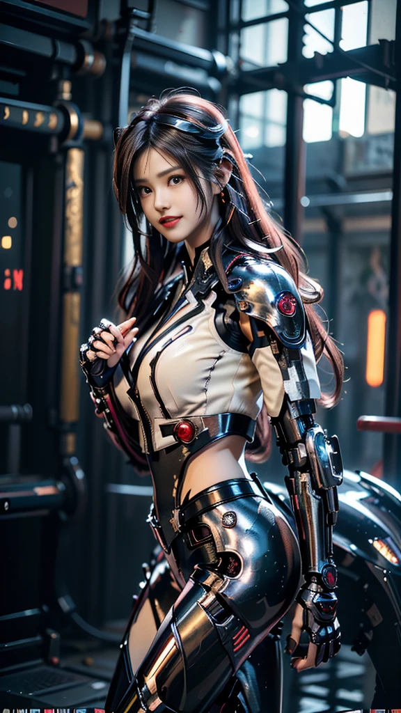 ((highest quality)), ((masterpiece)), ((Perfect Face))、((Detailed Motorcycle))、Detailed and clear photos、((Cyborg Woman))、((Cyborg in red metal jacket and leather pants))、((Ride a Cyberbike))、((cybernetics))、Slender body、((Woman with a mechanical body))、Communication Headset、(((Steel Fingers)))、(((The body is mechanized)))、Full Body Shot、The background is a futuristic city、smile、((A beautiful face with big eyes)),(Sexy cyber suit with lots of exposed skin)、(Sexy pose with butt sticking out)、(Teeth clean、自然なsmileがかわいい)、Laugh anyway,(Very attractive)