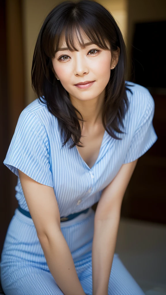 1 beautiful woman, high resolution, wallpaper 8K screen, top quality, realistic, super detailed, exquisite and perfect dynamic composition, (48 years old), (realistic skin texture), (overall skin fine lines: 1.3) , (dull skin: 1.1), (skin without moisture: 1.2), (wrinkles on the face: 0.9), (wrinkles at the corners of the eyes: 1.2), double eyelids, tear bags in the lower eyelids, eyes facing away, Serious expression, straight gaze, (dimples: 1.2), sharpness, dense and beautiful eyes, short hairstyle, thin hair, smile, short bangs, short hair, thin blouse with a wide neckline, flat chest, close to the waist Fitted flare pants, (portrait focusing on upper body), (angle from leg: 1.5),