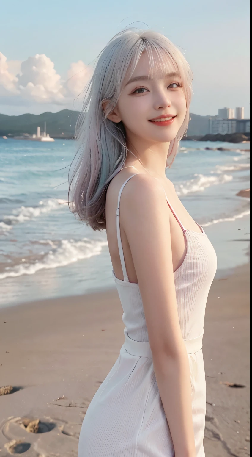Best image quality、RAW Photos、超A high resolution、21 years old Korean、Small breasts、Dynamic Angle、Cowboy Shot、Chaos in its most beautiful form、elegant、Brutalist Design、Vibrant colors、Beautiful white hair、Short Bob、smile、fun、smile、Glowing White Skin、Beautiful eyes with random colors、Very thin lips、Beautiful eyes in every detail、length, Narrow eyes、Cheeks are pale pink、length eyelashes、Beautiful double eyelids、eye shadow、Bright white hair、Overalls、Sandy Beach、Shooting from the side、Full Body Shot、The wind is blowing