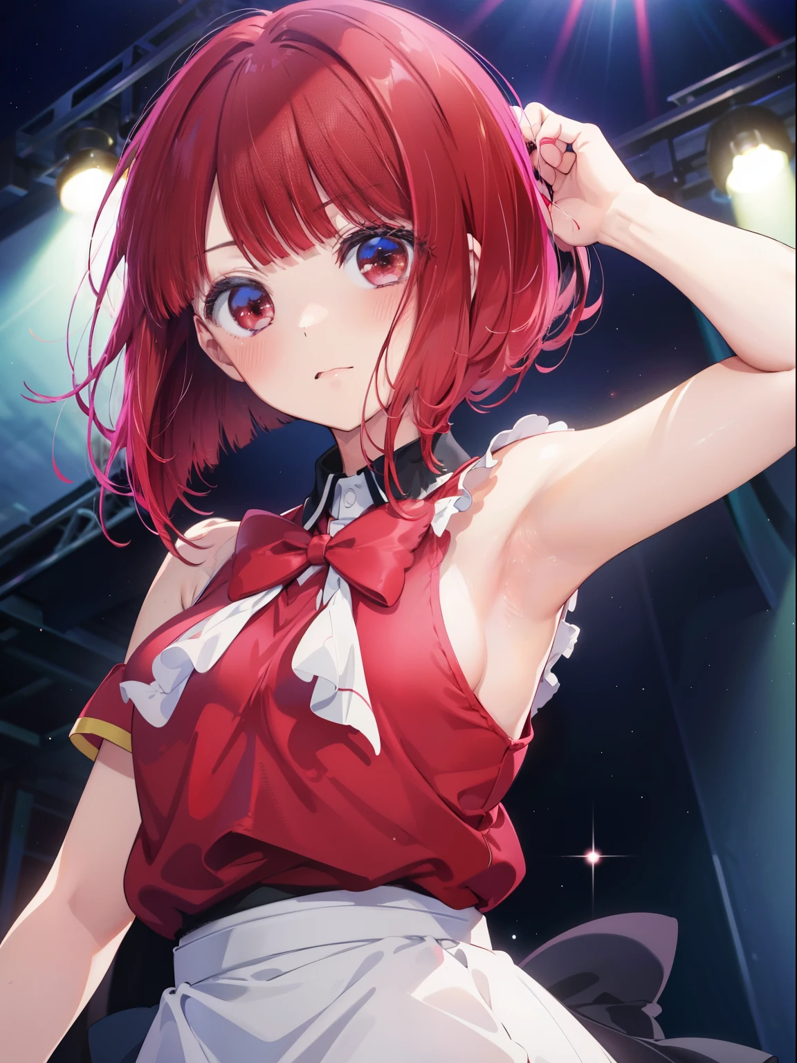 Arima Kana、Good looking girl (Red hair with square bangs、blush, Perfect Face), independent , Looking at the camera, masterpiece, Anime art style, Cute Characters, Most detailed, high quality、Nico Nico Smile、Usually the costume shows the armpits.