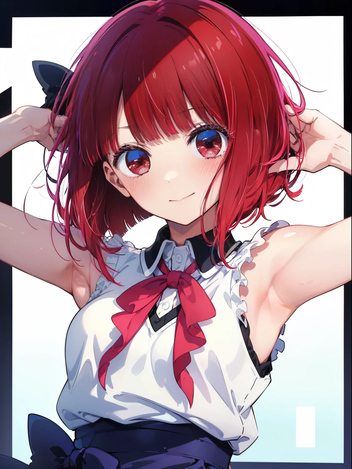 Arima Kana、Good looking girl (Red hair with square bangs、blush, Perfect Face), independent , Looking at the camera, masterpiece, Anime art style, Cute Characters, Most detailed, high quality、Nico Nico Smile、Usually the costume shows the armpits.