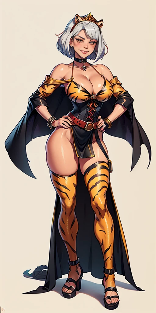 ((Masterpiece, plain background,1:2, masterpiece)) full body standing with two long yellow tiger print stockings, toned thighs, white silver hair, short bob hair, cleavage, separate  yellow tiger print stockings thighs and sleeves, tiara royal, long cape up to two feet, yellow tiger bikini print, hands on waist, navel, lustful smirking smiling, smile face (red blushed, red cheeks) metal shoulders, armbands, black leather choker slave collar, shackle bracelets, slave red crest, full body MILF BIMBO standing with two long thighs and two metal sandals, red eyes, silver white hair, short bob hair, big knockers, cleavage, separate sleeves, tiara royal, long cape up to two feet, yellow bikini, hands on hips, metal shoulders, armbands, black leather choker collar, shackles bracelets, slave red crest, pauldrons, breastplate, leather corset, full body, whole body, 1solo, loincloth standing, hands on hips, metal sandals, choker, big belt, view from below, feet together, bracers, tiara, standing contrapposto straight symmetrical looking to viewer