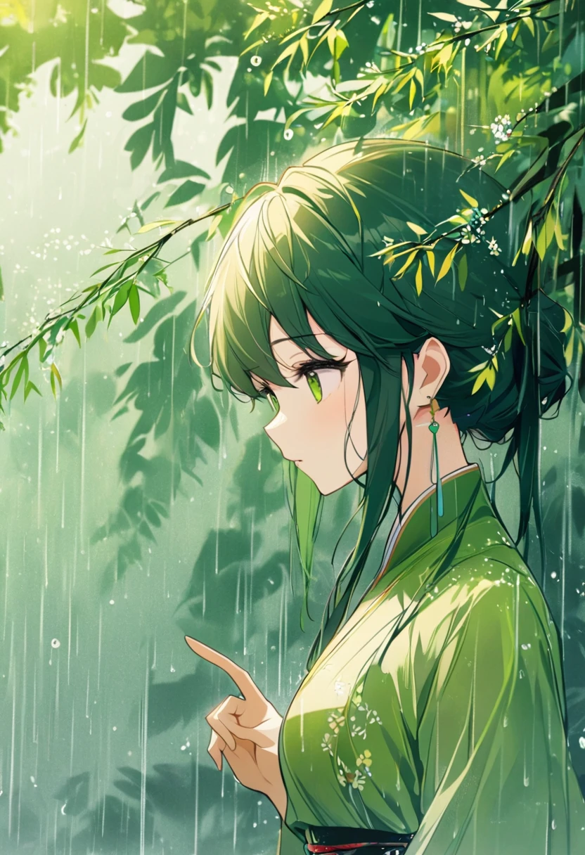 1cgrssh1, 1 Girl, Cai GuoRUN's illustration style, Qingming rainy season, Under the willow tree, in the rain, pointing into the distance, Direction to Heng Fa Chuen, close up, Spring is full of freshness, Rich details, Spring Scene, Flat design, Soft colors, Vivid tones, Chinese traditional elements, Reality, Minimal composition, High Saturation、High contrast, Rich detail in light and shadow, Sharp contrasts and clean lines