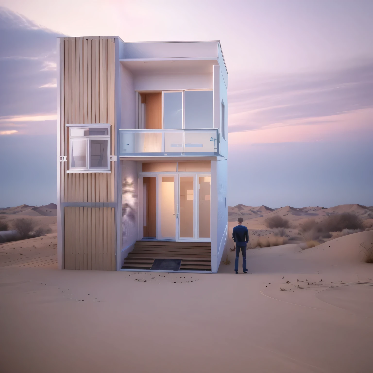 a rendering of a small house with a man standing in front of it, with 3 d render, with 3d render, front perspective, frontview, concept house, 3d rendering, 3 d rendering, complete house, sketch - up, front elevation view, front-view, render 3 d, 2 d render, vue 3d render, wide establishing shot