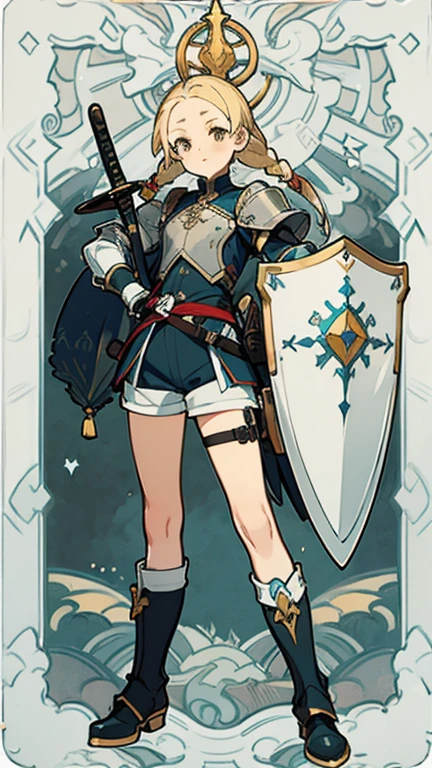 Victorian style, British background, whole body圖, figure, Standing image,whole body，figure设定图，Three views of charactermorpg，blonde，Oversized double braids，Swordsman，1 girl，Loli body type，Cheerful personality，holding shield and sword，Adventure outfits，shorts，Armor，Knee pads and boots，Arm Guard，Explorer Gloves，Scabbard，Forehead protector，Chest Protector。