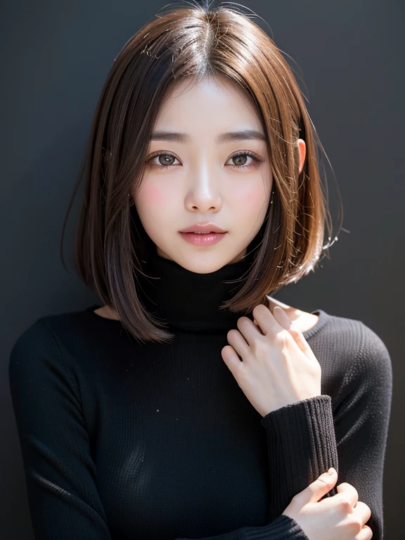 (((Close-up of face)))、(((Absolutely shoulder-length brown straight short bob)))、(((She is posing like a hair salon model, with a black wall indoors as the background.)))、(((Casual black winter long sleeves with shoulders covered)))、Half Japanese, half Korean、18 year old girl、Standing Alone、Looking forward、Light eye makeup、Brown Hair Color、Flat and 、Hair blowing in the wind、Actress Quality、Glossy, ultra-realistic face、Smiling face、Watery eyes、Gazing Up、Subtle lighting effects、 Ultra-Realistic Capture、Very detailed、High resolution 16K close up of human skin。Skin texture must be natural、The details must be such that pores can be clearly seen、The skin is healthy、Uniform tone、Use natural light and colors、A worn-out, high-quality photo taken by a model agency&#39;s in-house photographer.、smile、(((SIGMA 300 mm F/1.4,1/1000 sec shutter,ISO 400))) 