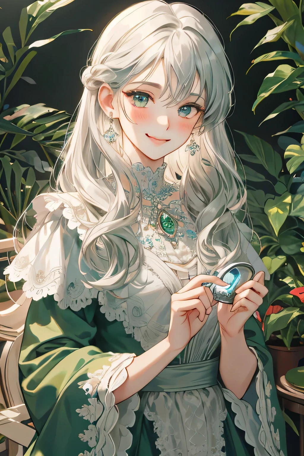 (extreamly delicate and beautiful:1.2), 8K,(masterpiece:1.0),(best_quality:1.0), 1 girl, and intricate detailing, Enlarged textures, and intricate detailing, finely eye and detailed face, and intricate detailing, black-white long hair curl, (smirk mouths), Perfect eyes, Equal eyes, carolina eyes (A famale god) classic green dress yunani romawi, look at camera, look 50 years old, blush