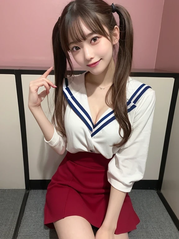 In detail,Full body photo、 Two high school girls、High resolution, high quality、Slim body、Perfect dynamic composition, Beautiful fine details, Blonde、Twin tails、Natural color lip,Kamimei、17-year-old girl、Clear Skin、Sailor suit、Red mini skirt、Thighs、Shiny Hair、最high quality, figure, Very detailed, In detail, High resolution, 8k、The correct state of the human body、Sculpture model pose,Small cleavage、Pink wall,Sitting in a chair、Thighs are visible、smile、