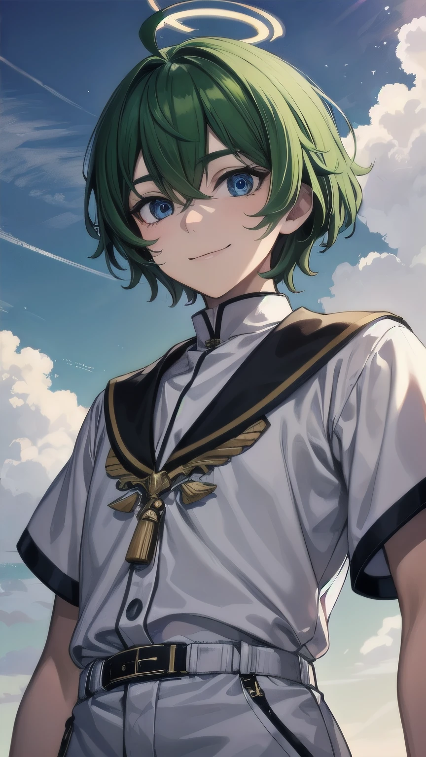 (masterpiece), ((sfw)), best quality, expressive eyes, perfect face, mature male, (1boy, adult Man), young adult, young man, solo, Green hair BREAK ahoge, blue eyes BREAK angel, priest, background sky, clouds, cloudy sky, day, outdoors, white outfit BREAK halo, standing, smile 