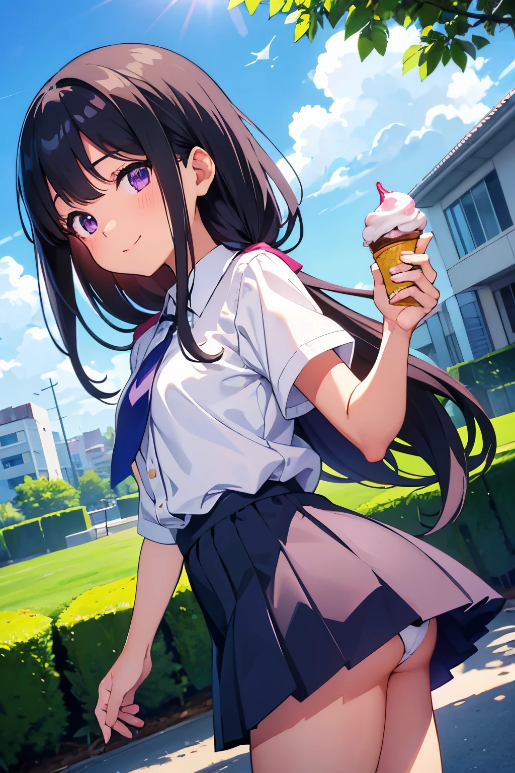 garden , 8 years old Flat chest, r, long hair, purple eyes smile White short-sleeved blouse Navy blue mini skirt White panties((I can see her panties)) White socks sneakers Holding ice cream in hand gardenのベンチに座っている Dynamic angle Low angle