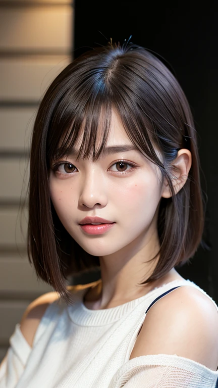 (((Close-up of face)))、(((Absolutely shoulder-length brown straight short bob)))、(((She is posing like a hair salon model, with a black wall indoors as the background.)))、(((Casual black winter long sleeves with shoulders covered)))、Half Japanese, half Korean、18 year old girl、Standing Alone、Looking forward、Light eye makeup、Brown Hair Color、Flat and 、Hair blowing in the wind、Actress Quality、Glossy, ultra-realistic face、Smiling face、Watery eyes、Gazing Up、Subtle lighting effects、 Ultra-Realistic Capture、Very detailed、High resolution 16K close up of human skin。Skin texture must be natural、The details must be such that pores can be clearly seen、The skin is healthy、Uniform tone、Use natural light and colors、A worn-out, high-quality photo taken by a model agency&#39;s in-house photographer.、smile、(((SIGMA 300 mm F/1.4,1/1000 sec shutter,ISO 400))) 